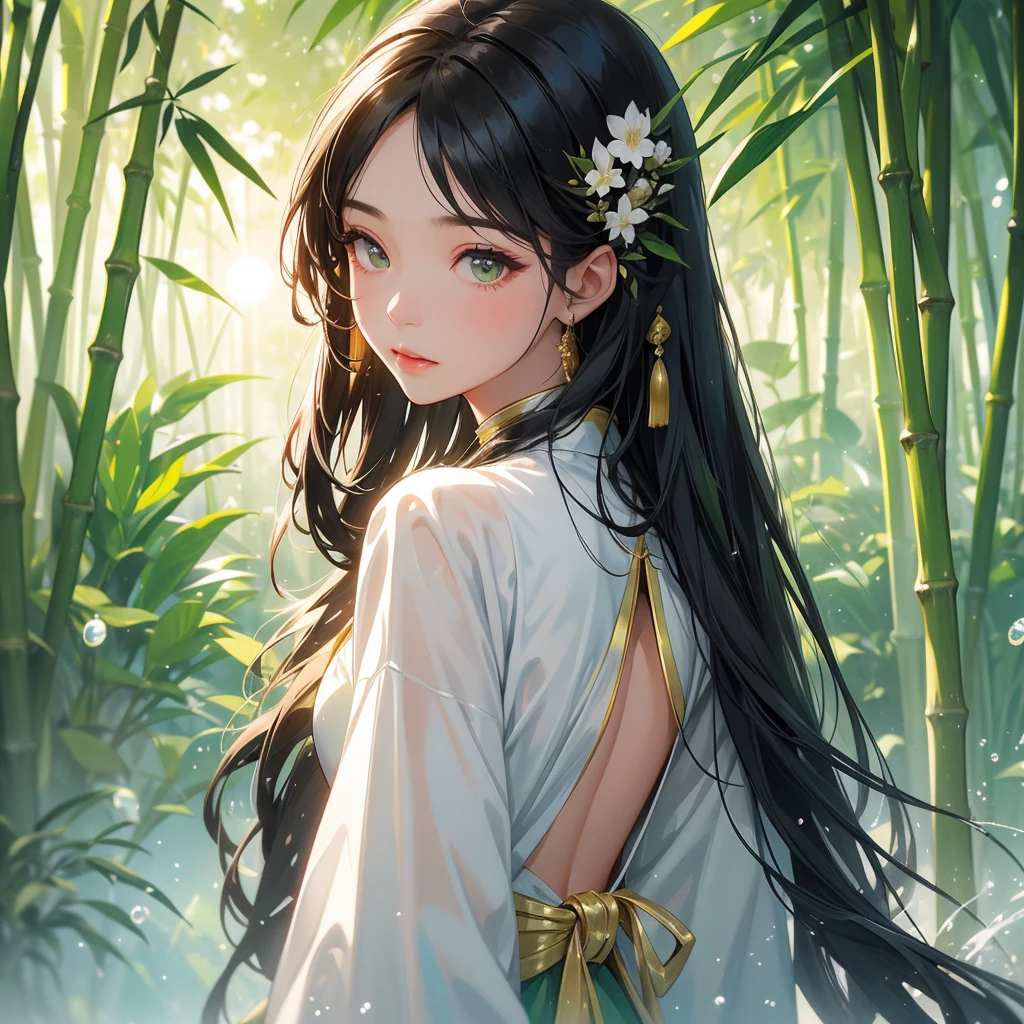 A beautiful girl with black long hair, wear white ancient chinese clothes, with the sun shining on her face, close up.

The back is a lush green bamboo forest. The air after rain has water droplets splashing around.