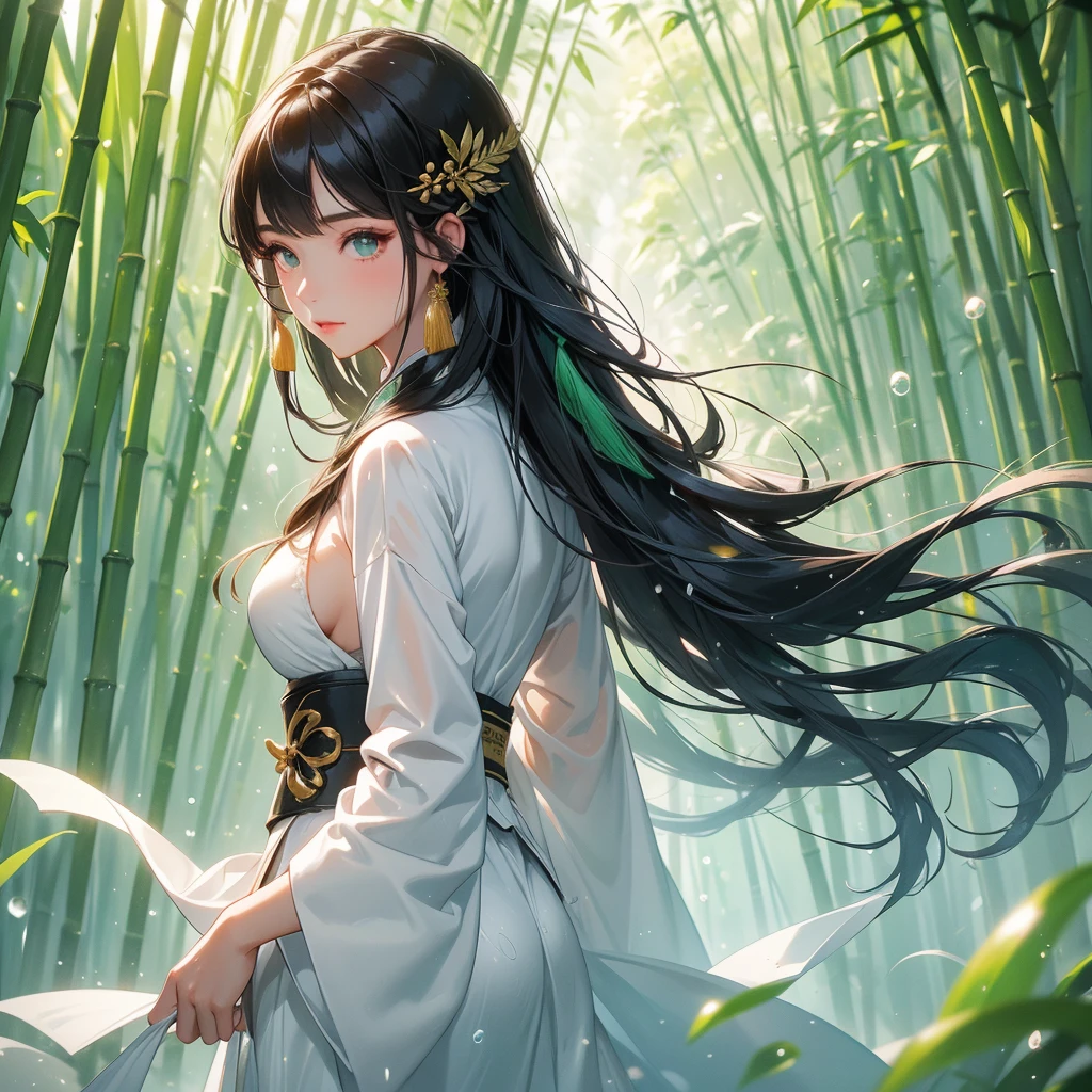 A beautiful girl with black long hair, wear white ancient chinese clothes, with the sun shining on her face, close up.
The back is a lush green bamboo forest. The air after rain has water droplets splashing around.
