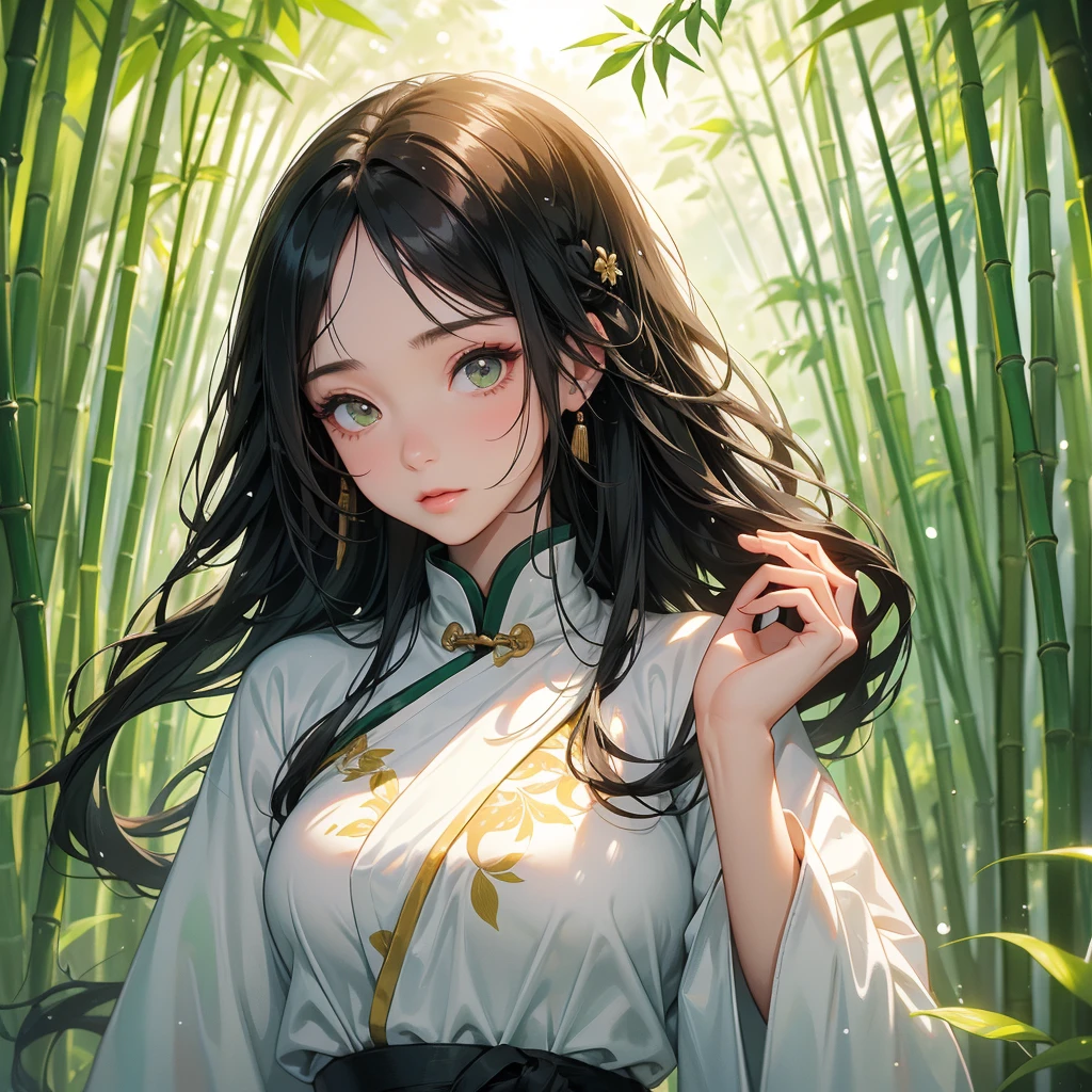 A beautiful girl with black long hair, wear white ancient chinese clothes, with the sun shining on her face, close up.

The back is a lush green bamboo forest. The air after rain has water droplets splashing around.