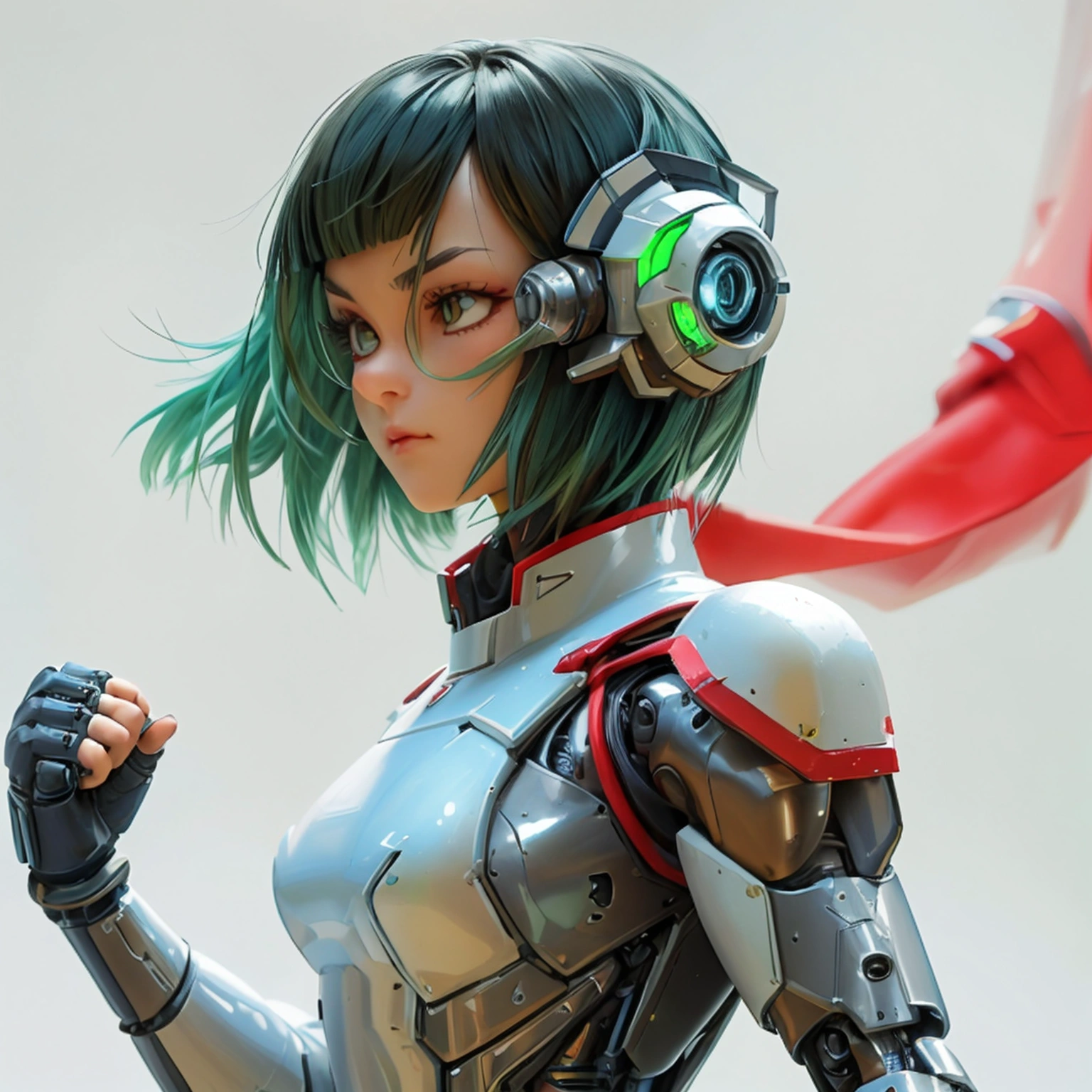futuristic cybernetic fighter in a sleek, armored exosuit with glowing blue circuits, in a defensive combat stance, holding a plasma blade in one hand and a shield in the other, martial artist in a dynamic fighting stance, wearing traditional kung attire with a red sash, mid-air kick with powerful leg extension, side style light green hairs, Character Sheet, 12 yo student, Full body, Simple white background, front pose character reference sheet, Concept art, design sheet