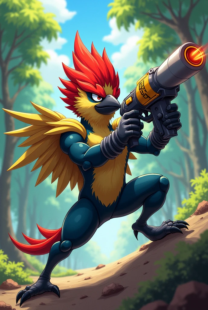 A shonen anime style woodpecker with a drill gun