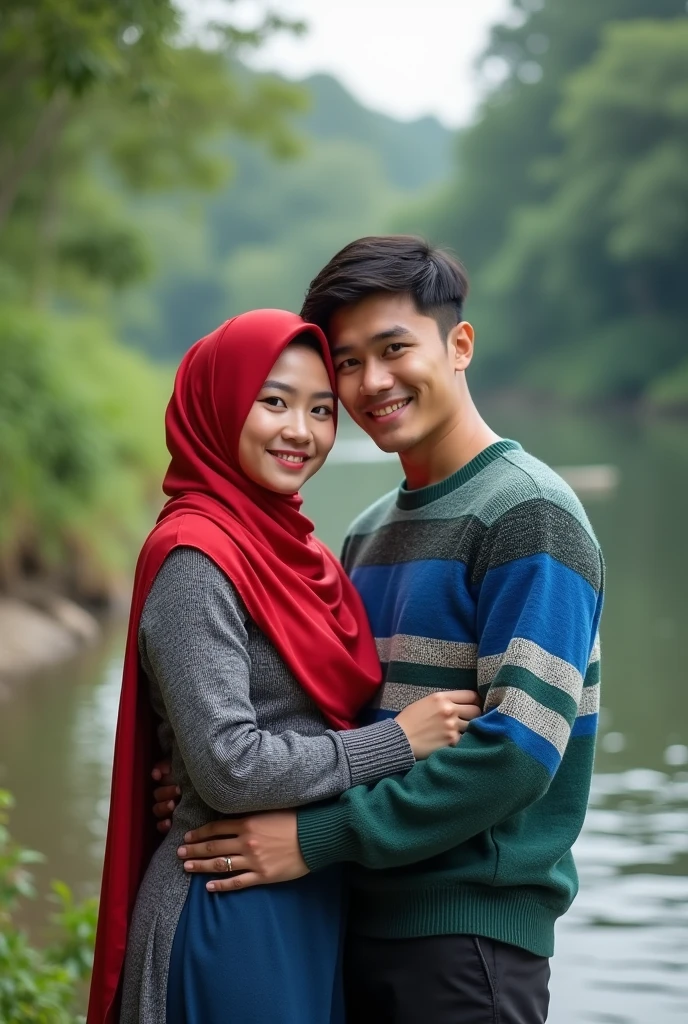 A young Indonesian woman and man wearing a Red hijab and a blue, Reed, green ,withe sweater, posing with a cheerful and relaxed expression by the riverside. She is standing next to a gently flowing river, Big Boobs size 38 surrounded by lush greenery and tall trees.  The scene conveys a peaceful and natural atmosphere, capturing a moment of contentment and tranquility. Her pose is slightly dynamic, with one hand resting on her hip and kissing with man the other lightly touching her hijab, adding a sense of casual elegance to the scene. 8K HD, Real Photografy 