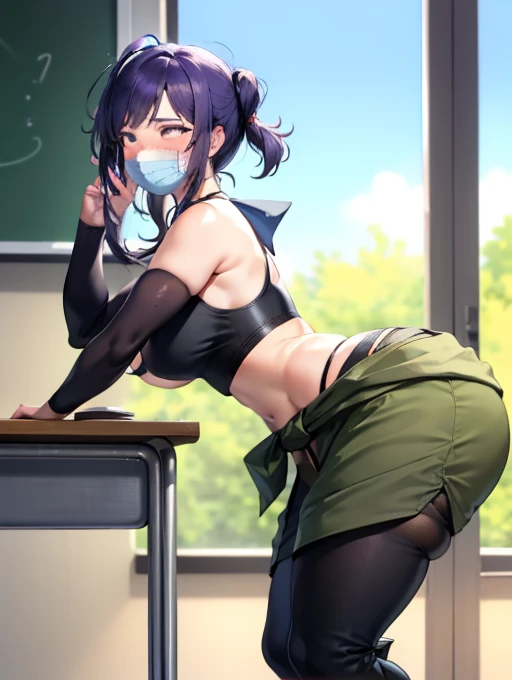 (1girl, solo), best quality, masterpiece, (leaning over to table:1.4), 1girl, breasts apart, seductive smile, (blush:1.1), japanese exterior, classroom, beautiful pose, (school outfit), mouth mask, black crop top, red pants, clothes around waist, elbow gloves, black boots,