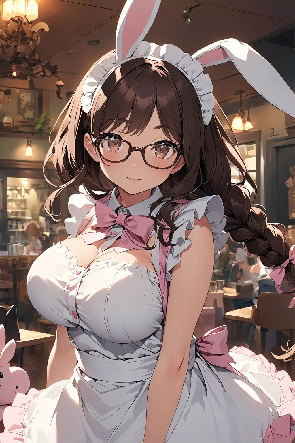 anime screencap of a bunny girl in a maid outfit. Characters, Brown eyes with glasses, Her dark brown hair is tied in a single braid with a ribbon.She has big breasts and a big ass, and wears a pink bunny girl outfit that is a variation of the classic maid outfit.In a pink and white maid outfit with frills and ribbons、With rabbit ears and a tail. A classic cafe is depicted in the background.The overall scene has a cute and elegant atmosphere.