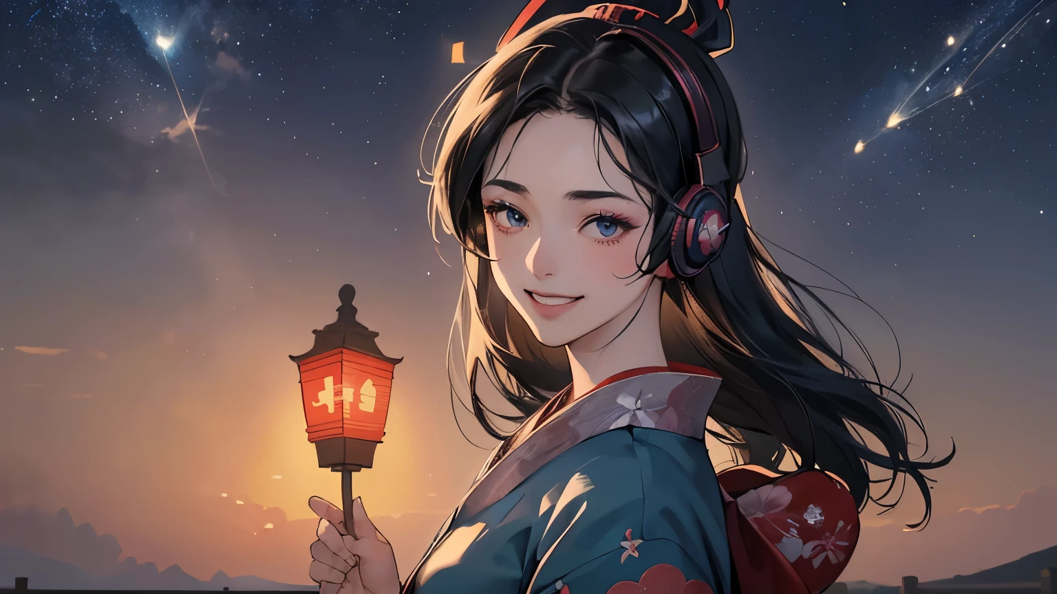 (masterpiece, Digital Art, Digital Illustration, 4K, 8K, Ultra-detailed, beautiful image, Sharp Image, Photorealistic, Raw photo, Perfect face, Perfect lines, Perfect eyes, Soft lighting), 1 woman, (Black hair, straight haired, Bullish gaze, Beautie, ellegance, Solid makeup, 23 y-o woman, small tits: 1.3), (ember, well-muscled, Firm shoulder width, Boyish hairstyle, English gentlemanly style, Show white teeth and smile (embarrassed from, Shy smile:1.1), (Nervous, be shy, sleepy, embarrassed from: 1.1), Romance, Japanese style kimono, Furisode, Flower Street, bright light illuminated with, lantern, Luxurious kanzashi, Sunrise, ((headphones)), ((background: night, starry sky)), ((ukiyo-e style)), ((smile)), ((1 girl)),