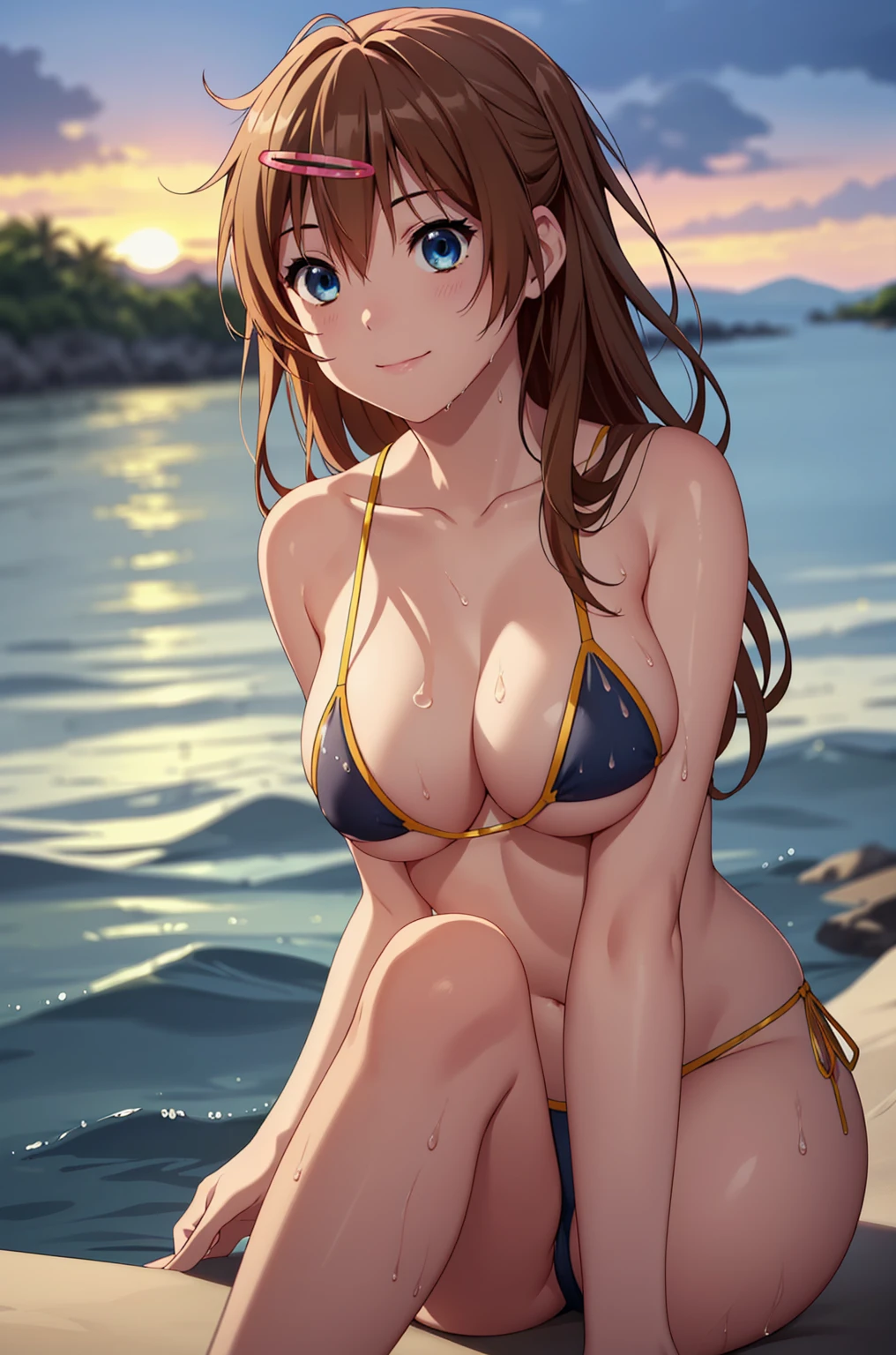 ((masterpiece, Highest quality, High resolution, uhd, Pixel perfect, Depth of written boundary, 4K, RTX, HDR)), 1 Girl, single, alone, 24-years-old, Anime Girls, Beautiful art style, anime character, ((Parted bangs, Brown Hair)), (blue eyes、Round eyes, Delicate eyelashes、Beautiful eyelashes, Perfect Eyes), (Detailed face:1.2), (Smooth texture:0.75, Realistic texture:0.65, Realistic:1.2, Cinematic, Anime CG Style), Perfect body、Moderately good breasts:1.7、Micro Bikini:1.8、Visible from the side:1.9、Wet、Water Drop、Splash、nsfw、もっとView from below、smile:1.8、Bra shoulder straps:1.8、In the sea:1.8、Sit with your knees bent:1.8、Visible from the side:1.8、The whole body is visible:1.8、View from below、Wind、Tropical、sunset、Lean back:1.8