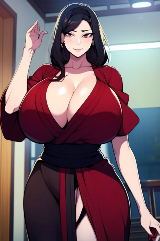 holding, black hair, (shot kimono:1.1), hairband,  sidelocks,  looking at viewer,  bare shoulders, standing,  earrings,  short hair with long locks, jewelry, closed mouth, bangs, anime, detailed eyes, detailed lips, ass, 1girl, red eyes, (black hair:1.1), solo, huge breasts, smiling expression, intense gaze, dynamic pose, indoor, palace, vibrant colors, digital art, high-resolution, professional quality, gigantic breasts, cleavage), curvy, cowboy shot, (gigantic breasts: 1.4),