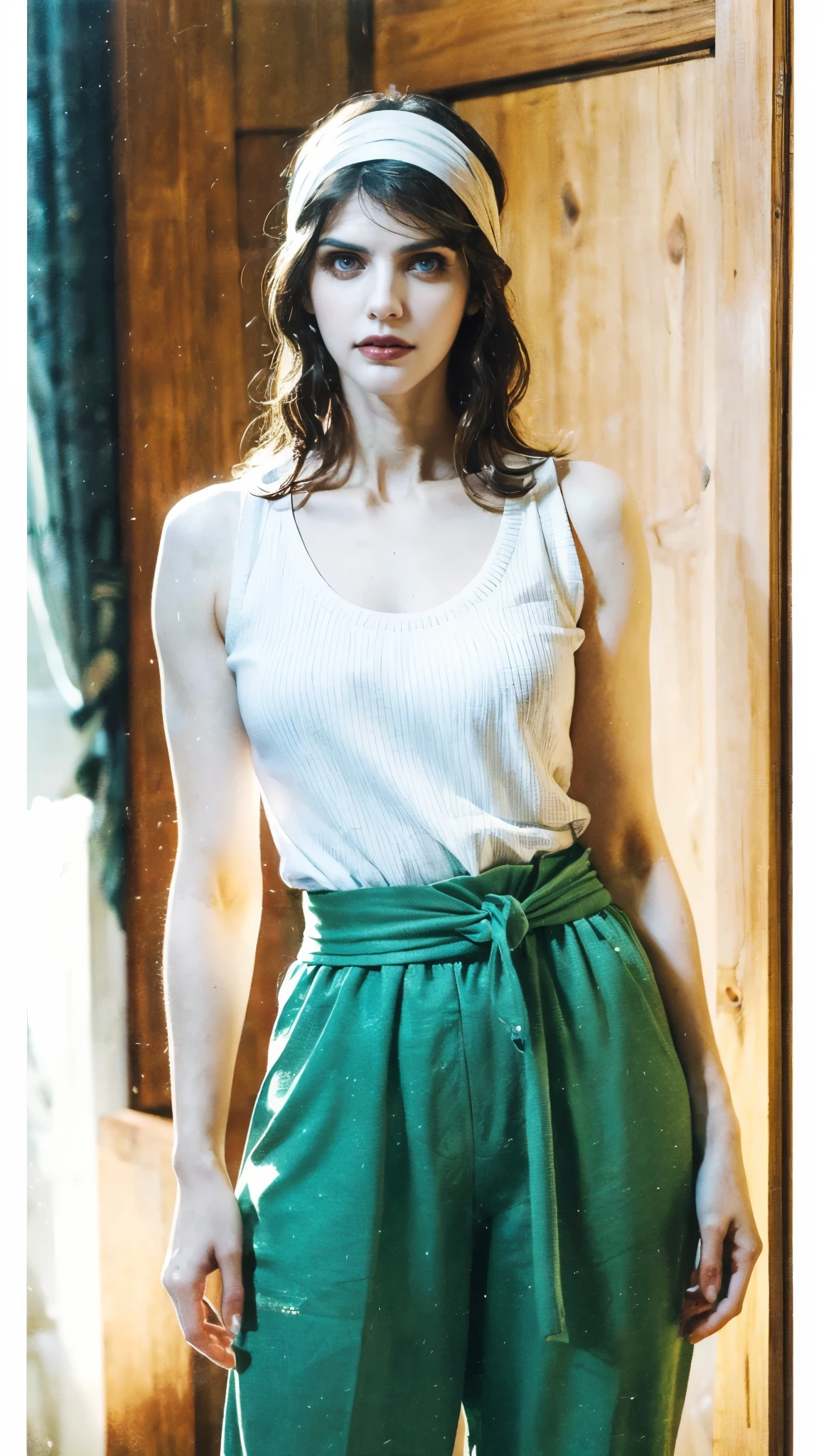 (masterpiece:1.2, best quality:1.2, extremely delicate:1.2), ((Alexandra Daddario:1.2)), a young women with thick chestnut-brown long hair, a red headband adorned his forehead, devoid of eyebrows, triangular eyes, a square face, proud expression, robust and muscular physique, a fantasy-style tight-fitting open-chest vest, gloves, a ragged cloth tied around her waist, white utility trousers, her raised right fist surrounded by crimson flames, stands amidst boundless wilderness, this character embodies a finely crafted fantasy-style rogue, exquisite photography, Photo realism, photorealistic, goddess, pale skin, perfect skin, textured skin, detailed skin, porcelain skin, dramatic, high definition, highres, ultra-detailed, ultra-fine painting, professional, perfect body proportions, golden ratio, anatomically correct, symmetrical face, perfect eyes, extremely detailed eyes and face, high quality eyes, creativity, RAW photo, UHD, 32k, Natural light, cinematic lighting, (masterpiece-anatomy-perfect:1.2)