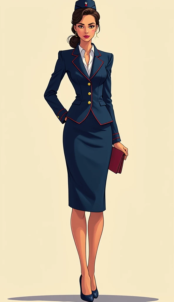 stewardess, Air France, whole body, Cel Shading, Bold outline, Flat Color, Sharp Shadow, Graphic Style, (Manga influence:1.3), Beautiful line drawing, Impressive visuals,comics