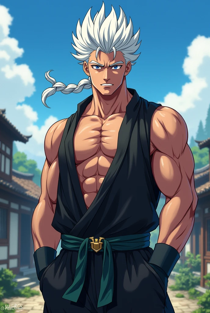 anime character, White hair, afro hair,  ponytail, bright blue eyes, Long white eyelashes, male, tall, big glossy lips, , grey eyebrows, , black baggy outfit, muscular, village 