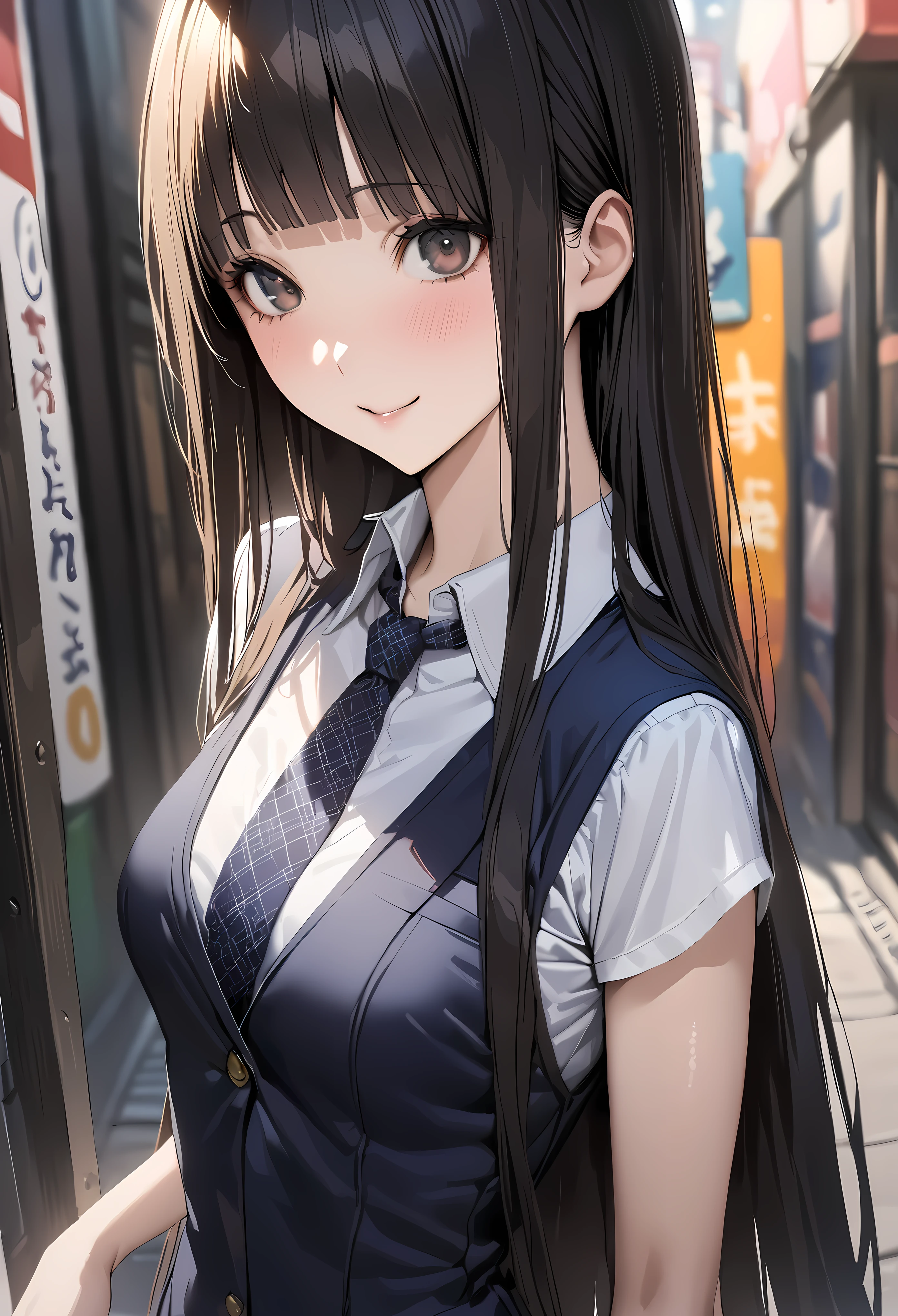 ((masterpiece,best quality anime,Highest quality:1.3)),realistic,upper body,1woman,(30 year old beauty),((very small head:1.4)),((very long body:1.4)),straight long hair,black hair,(gorgeous big eyes),black eyes,smile,((slender body:1.4,skinny:1.3)),medium breasts,(School uniform、Dark blue blazer jacket、Navy blue tie、White shirt、Navy patterned pleated skirt),gleaming skin,shiny skin,standing,on street、Shinjuku、Tokyo、