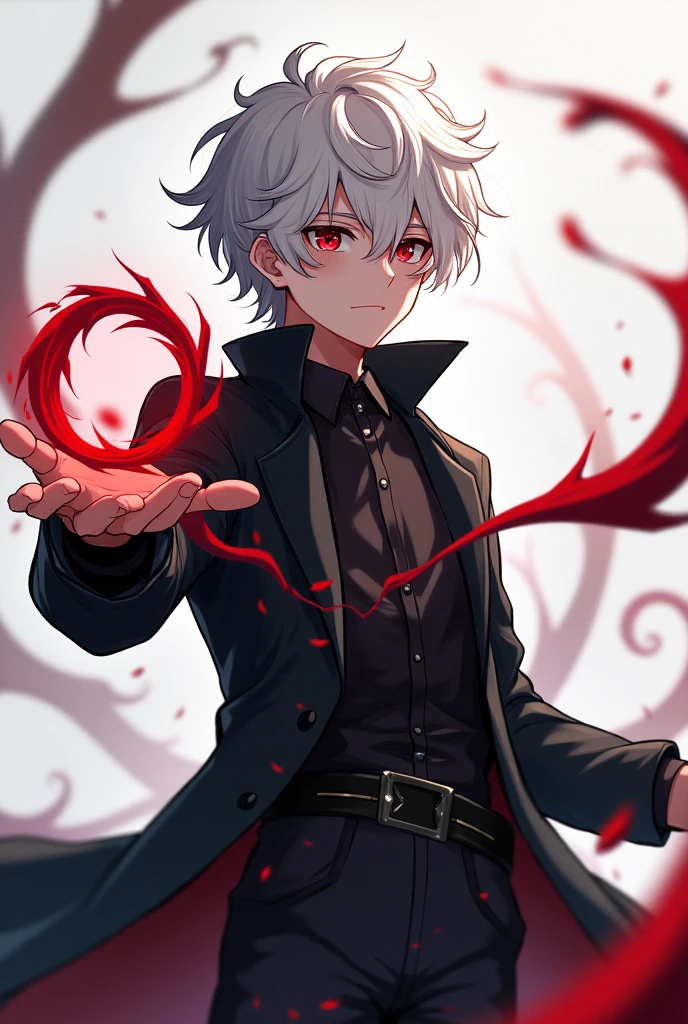 Inspired by the anime and manga black clover: Young male ager aged 17, messy white hair, Red eyes, He has a magic mark with a symbol representing time on his left eye., black set like a long coat simulating holding a "grimorio", saying "grimorio" It would be a kind of large floating magic mark with a representative shape of time , Likewise the young man would be simulating holding with his left hand the "floating grimoire" with a neutral expression
