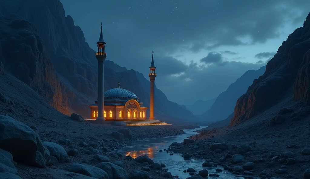 A tiny Mongolian mosque in a rocky hill valley at night