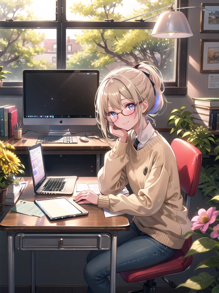 ((8k, Highest quality, masterpiece: 1.3)),Ultra-high resolution,(1 girl, alone), (Color changing eyes, Ultra-detailed, Expressive brilliance, Glitter, Glowing Eyes), Highly detailed eyes, Highly detailed face, Random Hair, ((pastel colour))The woman is working at her desk in a small but well-organized home office. The room has white walls, a wooden desk, and a comfortable office chair. A window to her right provides a view of the backyard, where trees and flowers are visible. Her desk is decorated with a laptop, a stack of books, a desk lamp, and a cup of herbal tea. There’s also a corkboard on the wall with pinned notes, reminders, and a small calendar. She’s dressed in a comfortable beige sweater, dark skinny jeans, and cozy socks. Her hair is loosely tied in a ponytail, and she’s wearing glasses. She glances at the camera with a calm and slightly tired smile, capturing a quiet moment of focus in her home workspace.
