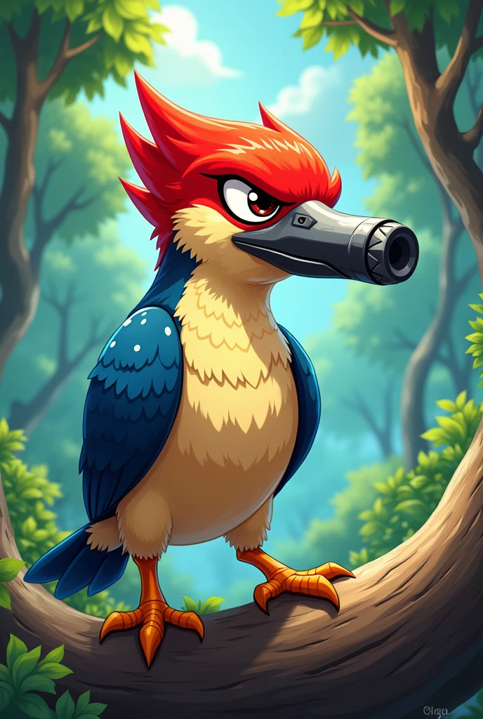 A shonen anime style woodpecker with a drill
