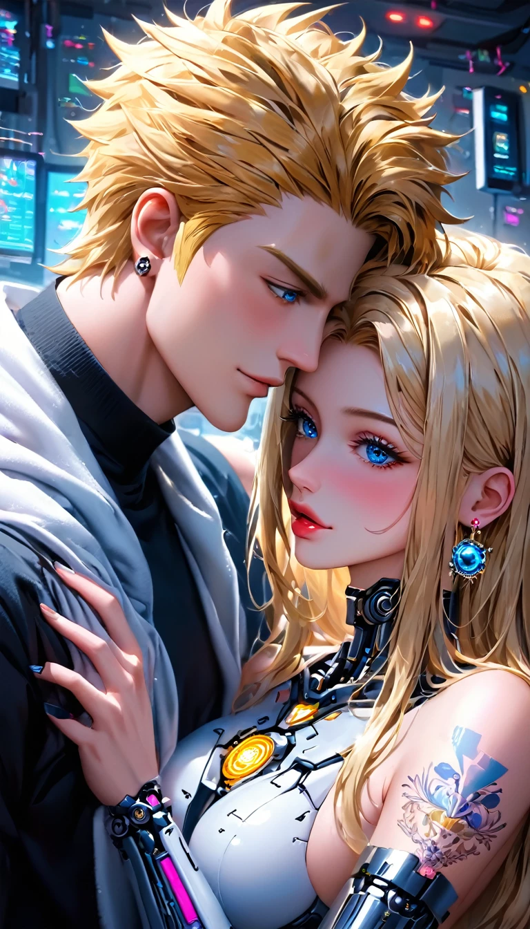 guy and girl ethereal demonic 2 anime guy 女 druids, metallic long light blonde hair, delicate masterpieceintimate delicate etched Shine neon tattoos, Amazing panoramic painting of a beautiful and gorgeous winking robot ((male)) I almost kissed her, Perfect Face, blue eyes/Blue pastel eyes, long golden color/Golden fine hair,, Earrings, Laboratory Experiments, Perfect Anatomy, Centered, Near perfect, dynamic, Very detailed, Shine, artステーション, コンセプトart, Soft and sharp focus, art：Kahne Griffith and Vadim Kashin, Airbrush graffiti techniques, High Resolution Accent Lighting, amazing, Contrast with vibrant paint colors., Futuristic Cyborg in 2950,male女二人、Two people who love each other,