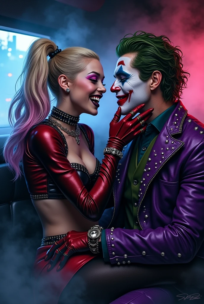 Masterpiece, close up portrait of harley quinn. Pink and blue makup around her eyes with glossy black lips. She has a sexy demeanour, laughing and giggling while looking into the eyes of joker. She has thick long blonde hair tied in twin bunches with pink and blue ends and she is wearing a short tight black and red leather punk jacket with chains and spikes. Sitting next to her is the joker, white and red face paint and purple jacket with studs. Very Thick smoke fills the limousine like a fog. It is night time. Red and blue light fills the scene from outside the limo. The joker has his hand holding harley's chin, lifting her head to meet his gaze, she likes it and is in love with joker. detailed and colourful digital comicbook art with deep shadows. Detailed drawing done by a professional comic artist.