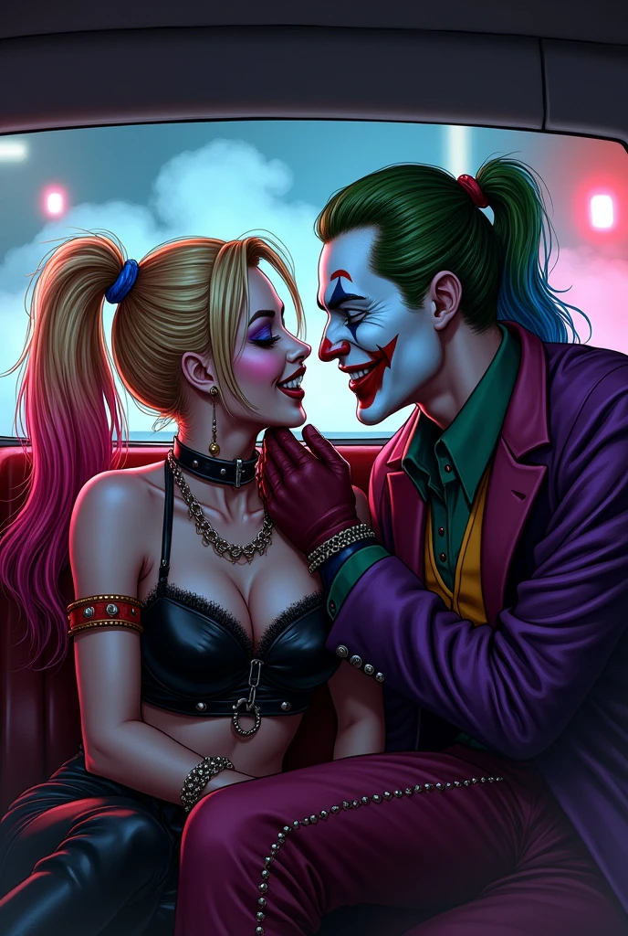 Masterpiece, close up portrait of harley quinn. Pink and blue makup around her eyes with glossy black lips. She has a sexy demeanour, laughing and giggling while looking into the eyes of joker. She has thick long blonde hair tied in twin bunches with pink and blue ends and she is wearing a short tight black and red leather punk jacket with chains and spikes. Sitting next to her is the joker, white and red face paint and purple jacket with studs. Very Thick smoke fills the limousine like a fog. It is night time. Red and blue light fills the scene from outside the limo. The joker has his hand holding harley's chin, lifting her head to meet his gaze, she likes it and is in love with joker. detailed and colourful digital comicbook art with deep shadows. Detailed drawing done by a professional comic artist.
