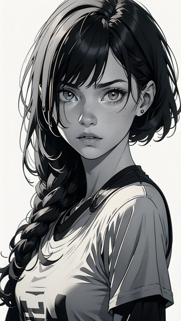 1 boyish girl, solo, sharp eyes, monochrome, greyscale, short black hair, portrait, white T-shirt, closed mouth, looking at viewer, graphite \(medium\), detailed lips, hatching \(texture\), without makeup, bangs, upper body, (best illustration), (best quality), (very detailed), (masterpiece), expressionless,