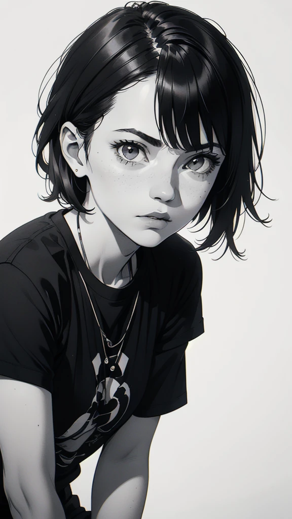 1 boyish girl, solo, sharp eyes, monochrome, greyscale, short black hair, portrait, white T-shirt, closed mouth, looking at viewer, graphite \(medium\), detailed lips, hatching \(texture\), without makeup, bangs, upper body, (best illustration), (best quality), (very detailed), (masterpiece), expressionless,