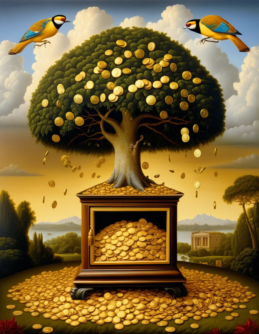 surreal illustration by Kevin Sloan, oil painting, "rain of gold coins, money tree, chest of coins, against the background of Renaissance wildlife, ((Kevin Sloan style)) ,((Hyperrealistic)), Kevin Sloan gradient, Intricate details, intricate, aesthetics, ((best quality, Masterpiece)), ((Highest detail), Octane rendering, hd, f/2.8, 8K