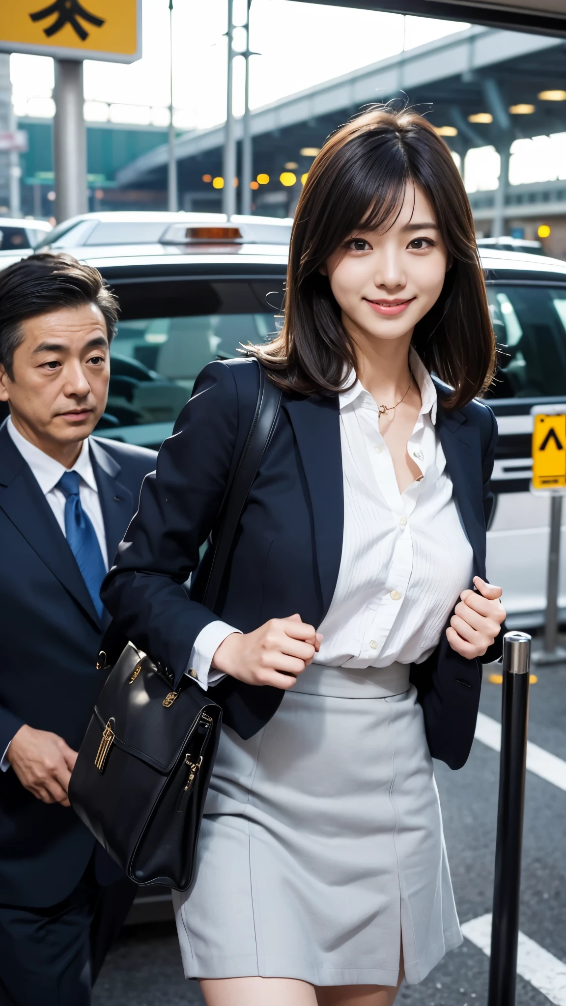 Photorealistic beautiful Japanese, getting into a cab at a cab stand, famous Japanese female manager girl photo, portrait, smiling, suit, skirt, bag, background famous airport