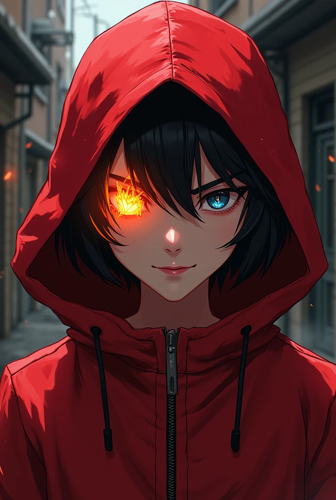 Manga character with red hood red jacket flame in right eye with smile scares