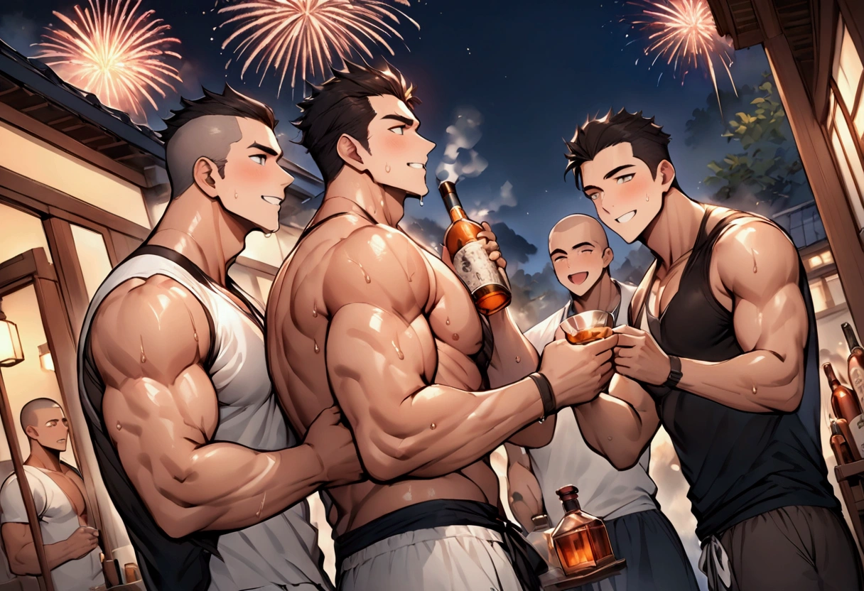 Highest quality、masterpiece、(muscular male:1.2)、(father:0.5)、Shaved head、Short Hair、Sports haircut、short hair、(sweat:1.3)、(steam:1.1)、gangbang、3boys、Ultra wide angle、night、Veranda、firework、looks fun、rice、liquor