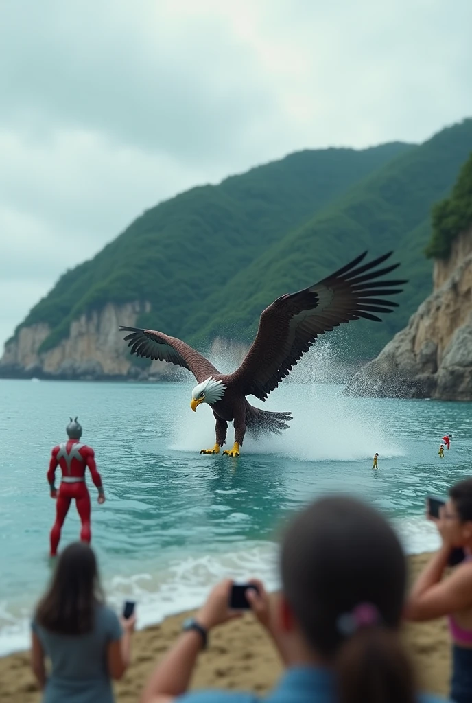 Ultraman fight with big giant eagle. On the water. At the island back view. Tilt shift photography. All mini human snap picture.
