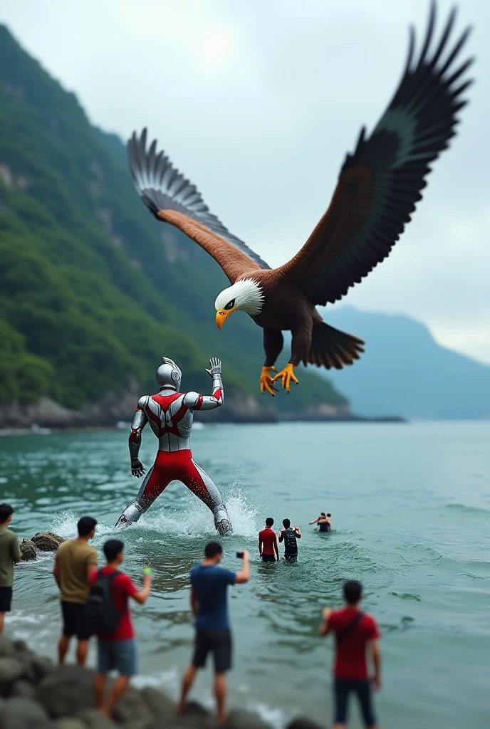 Ultraman fight with big giant eagle. On the water. At the island back view. Tilt shift photography. All mini human snap picture.
