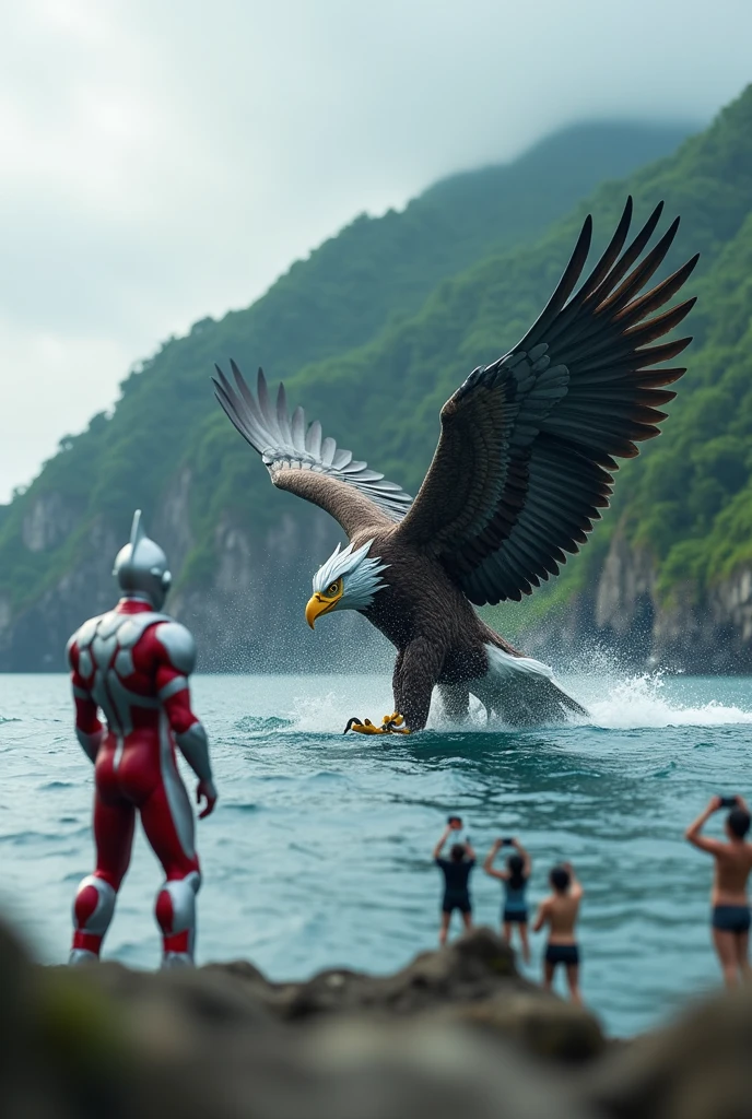 Ultraman fight with big giant eagle. On the water. At the island back view. Tilt shift photography. All mini human snap picture.