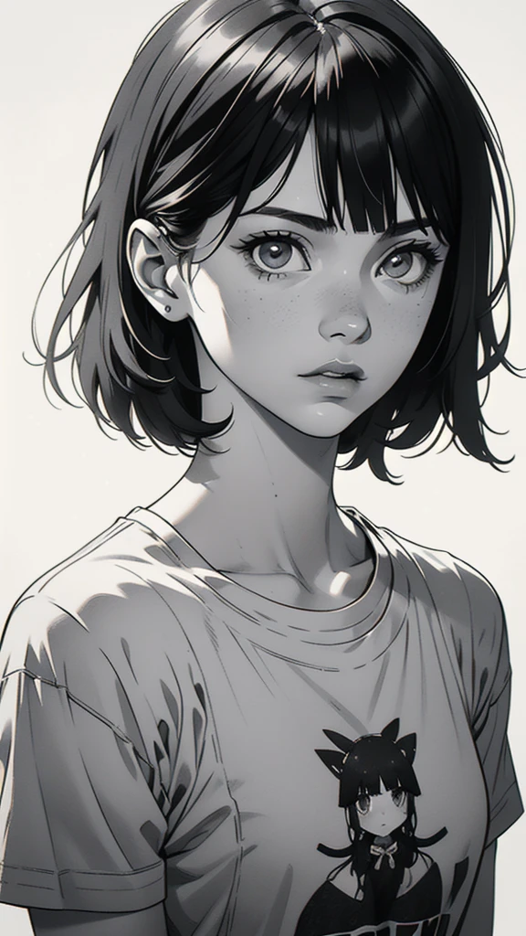 1 boyish girl, solo, sharp eyes, monochrome, greyscale, short black hair, portrait, white T-shirt, closed mouth, looking at viewer, graphite \(medium\), detailed lips, hatching \(texture\), without makeup, bangs, upper body, (best illustration), (best quality), (very detailed), (masterpiece), expressionless,