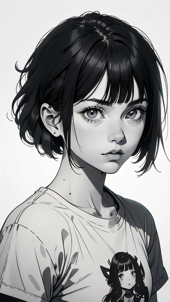 1 boyish girl, solo, sharp eyes, monochrome, greyscale, short black hair, portrait, white T-shirt, closed mouth, looking at viewer, graphite \(medium\), detailed lips, hatching \(texture\), without makeup, bangs, upper body, (best illustration), (best quality), (very detailed), (masterpiece), expressionless,