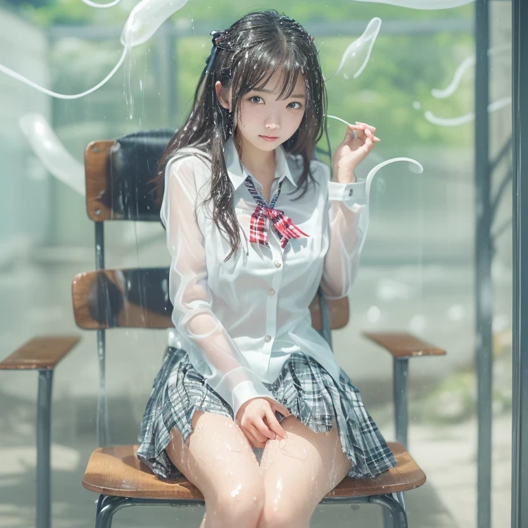 1 girl、(young woman;Composed of a transparent white shirt, Thin ribbon, blazer, Checkered pleated skirt.:1.5)、(She shyly pulls up her skirt:1.u can see a realistic vagina:1.5)、(Realistic wet vagina:1.3),((Crotch from the front))、(Legs wide open:1.6),Sitting in a chair,Skirt fluttering in the wind、(cum in Pussy, a lot of sperm from vagina:1.3),Not wearing panties,Without underwear,junior high school,(Set the girl's crotch in the center of the screen)