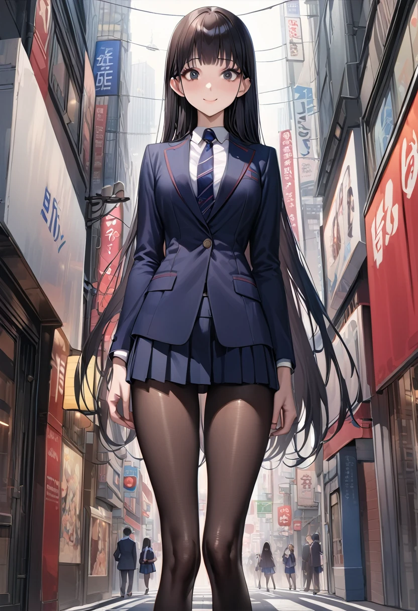 Giant Growth woman, bigger than a building, 7:3 parting, semi-long, black hair, black eyes, Navy blazer, white shirt, Navy Tight Skirt, Black High Heels, low-angle