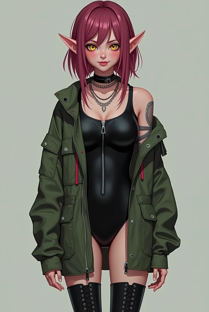 A girl with dark pink/ maroon hair, yellow eyes, fair skin, she is wearing a black body suit with a zipper in the front but an oversized army jacket over top, she also has black combat boots on. She also has natura pointy elf ears. She has a pleasant expression on her face. She is happy and calm. Her hair is very long.