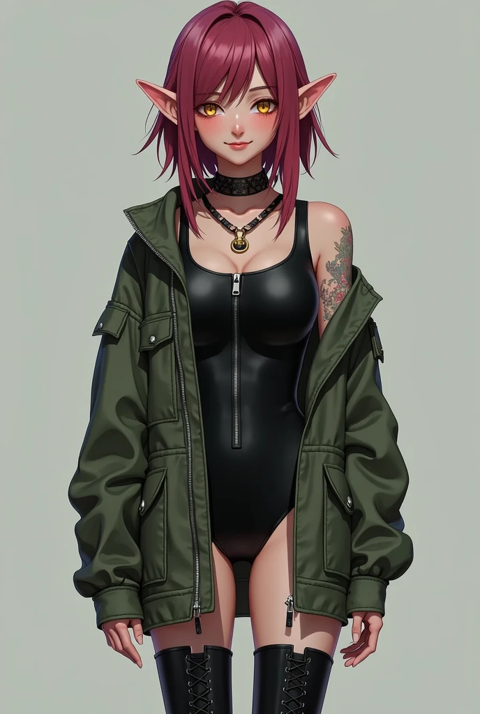 A girl with dark pink/ maroon hair, yellow eyes, fair skin, but some places are turning black, she is wearing a black body suit with a zipper in the front but an oversized army jacket over top, she also has black combat boots on. She also has natura pointy elf ears. She has a pleasant expression on her face. She is happy and calm.