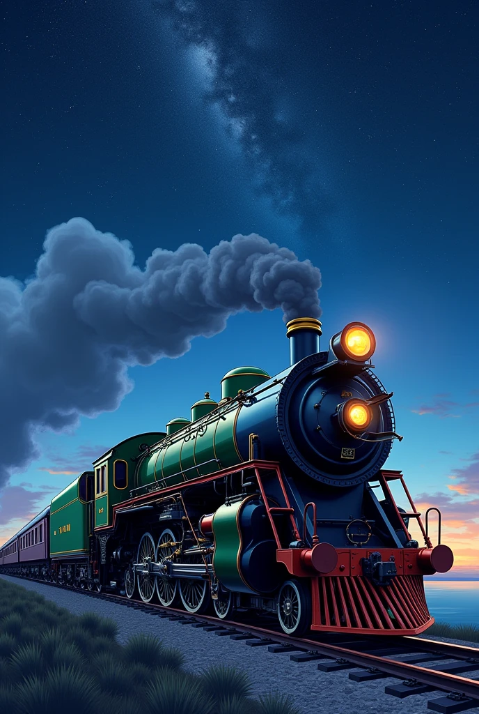 Night Sky、Stars in the Sky、空飛ぶ日本のC62steam locomotive、Galaxy Express 999,Side view、Starry sky-focused artwork、Beautiful green body, steam locomotive、C62
