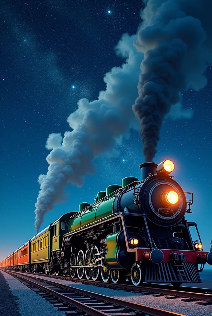 Night Sky、Stars in the Sky、空飛ぶ日本のC62steam locomotive、Galaxy Express 999,Side view、Starry sky-focused artwork、Beautiful green body, steam locomotive、C62