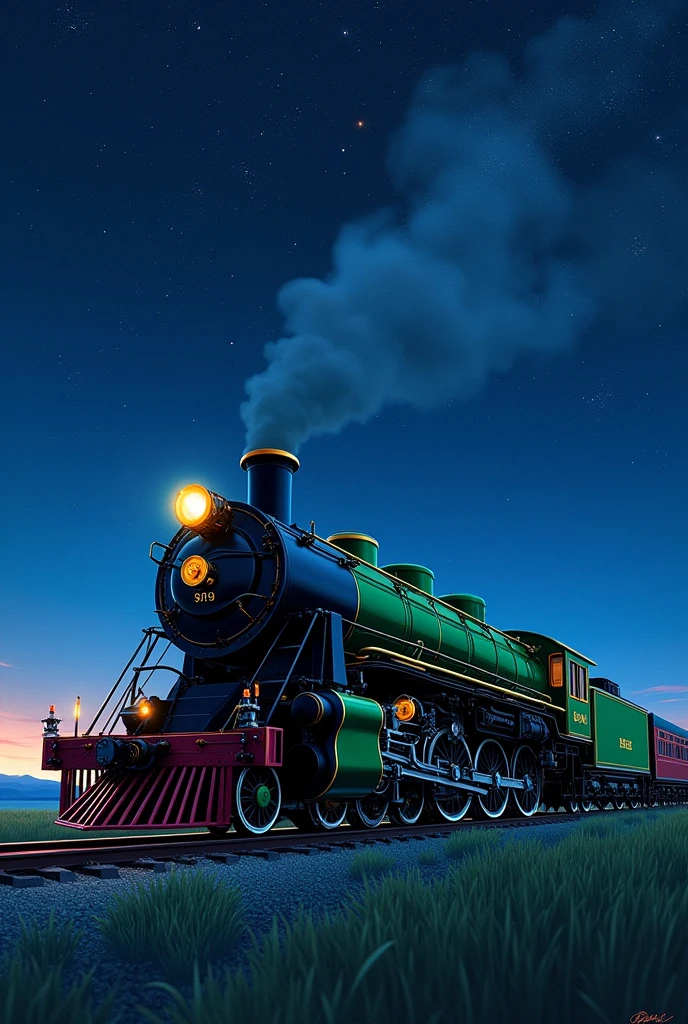 Night Sky、Stars in the Sky、空飛ぶ日本のC62steam locomotive、Galaxy Express 999,Side view、Starry sky-focused artwork、Beautiful green body, steam locomotive、C62