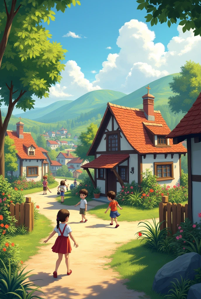 It’s a beautiful day in the village. Children are playing, and people are busy with their work. The camera moves to a small house