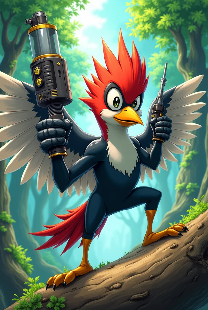 A shonen anime style woodpecker with a drill in his hands 