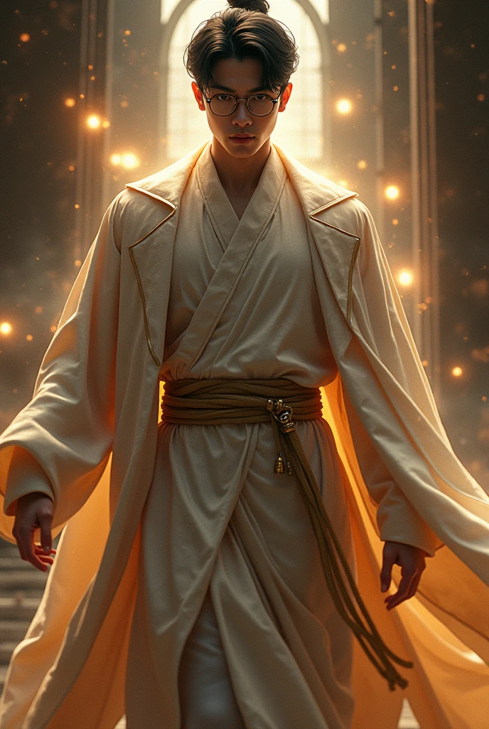 create a character of God to control the world, insert the HD large text: “Pras”, background from room and time, HD, realistic, use glasses, male, age 20, handsome korean style, full body
