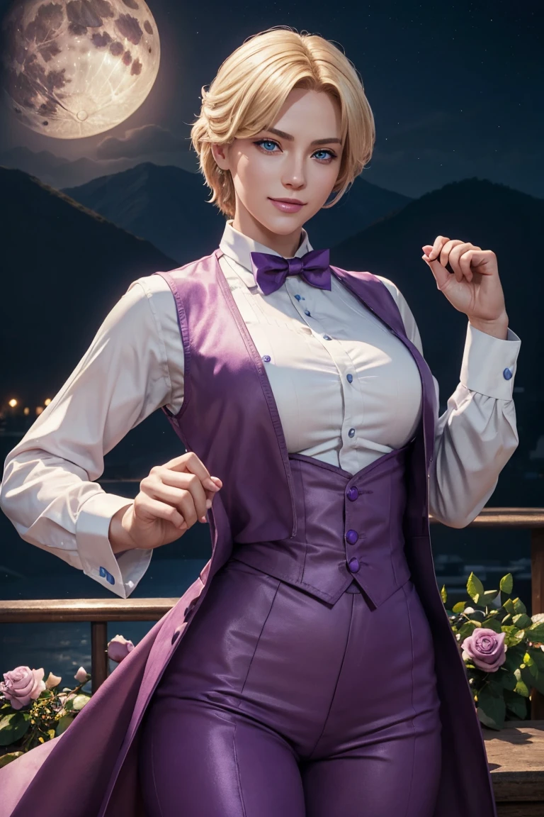 KOF,King of Fighters,King,Blue Eyes,Blonde Hair,Medium Hair,White long shirt,Purple vest,A bow tie,Beautiful white skin,Photorealistic,Ultra HD,high quality,masterpiece,Digital SLR,Detailed details,Intricate details,Anatomical basis,Depicted in detail,A detailed face,Realistic skin texture,Vivid details,Perfect Anatomy,Perfect Anatomy,Anatomically correct hand,Anatomically correct fingers,Super Detail,Complex 3D rendering,Sexy pose,Fantasy worldview,Beautiful Full Moon,,Beautiful night sky,Purple rose petals fluttering,Picturesque,Pink Lips,smile,