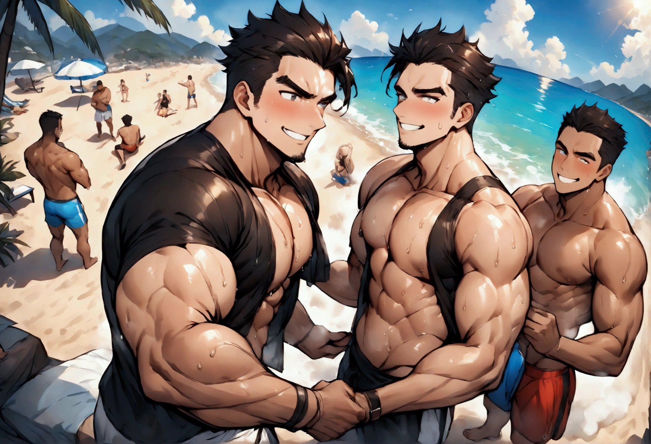 Highest quality、masterpiece、(muscular male:1.2)、(father:0.5)、Short Hair、Sports haircut、short hair、Swimwear、smile、(sweat:1.3)、(steam:1.1)、gangbang、3boys、Ultra wide angle、Beach