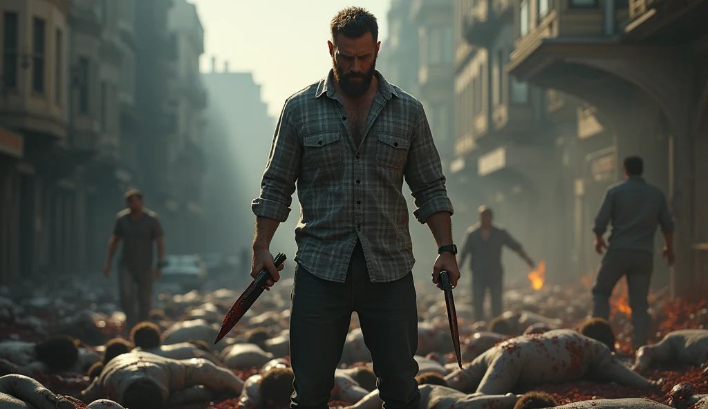 Best quality, masterpiece, ultra high res, photorealistic:1.5, raw photo,ultra reality, bearded man, short hair, a man standing on a pile of dead humans, wearing gray checkered shirt,holding knives in both hands, bloody hands, injured, some bruises, fighting, in the city, cinematic lighting