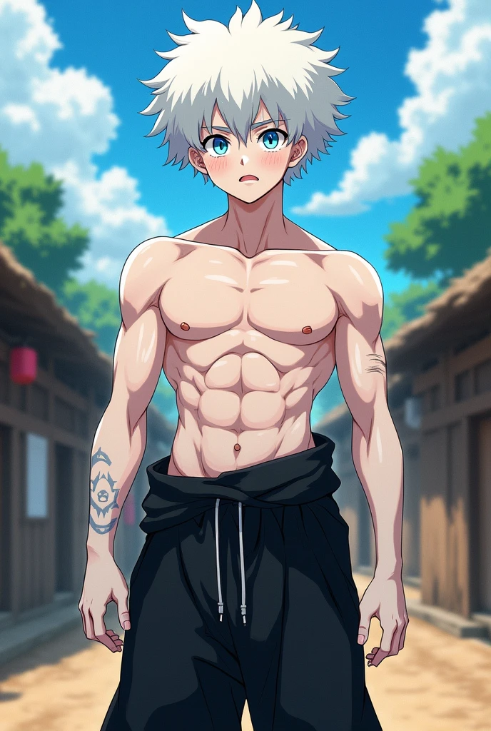 (japanese festival style) (16 yo, solo crew cut silver hair very short hair divine fighter boy, detailed cool red eyes, serious face, flat chest), (in a japanese fundoshi:1.8), break, (in the Hakata Yamakasa), BREAK, perfect anatomy, masterpiece, best quality, 16k, beautiful detailed grow, daydreaming expression.