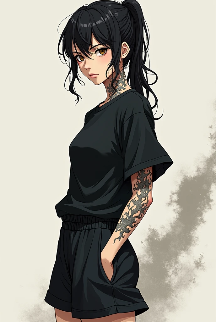 Un personnage dans le style de dessin de Jujutsu kaisen. Elle a les cheveux noirs légèrement bouclés. Elle a la peau pâle et des yeux d'un marrons foncés. Elle a un air froid sur le visage, peu aimable mais pas hostile non plus. Elle a des tatouages semblables à des ombres de flammes qui remonte sur son cou. Elle a souvent les cheveux attachés en queue de cheval, laissant des mèches de cheveux retomber sur son visage. Elle s'habille souvent d'un t-shirt noir oversize qui laisse apercevoir au niveau des trapèze un débardeur en dessous. Elle a un short large en bas avec des converses noires montantes. Elle fait 1m81.