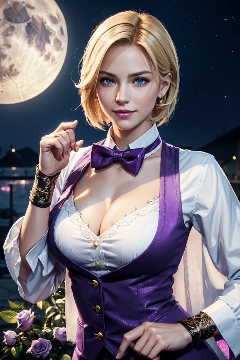 KOF,King of Fighters,King,Blue Eyes,Blonde Hair,Medium Hair,White long shirt,Purple vest,A bow tie,Beautiful white skin,Photorealistic,Ultra HD,high quality,masterpiece,Digital SLR,Detailed details,Intricate details,Anatomical basis,Depicted in detail,A detailed face,Realistic skin texture,Vivid details,Perfect Anatomy,Perfect Anatomy,Anatomically correct hand,Anatomically correct fingers,Super Detail,Complex 3D rendering,Sexy pose,Fantasy worldview,Beautiful Full Moon,,Beautiful night sky,Purple rose petals fluttering,Picturesque,Pink Lips,smile,