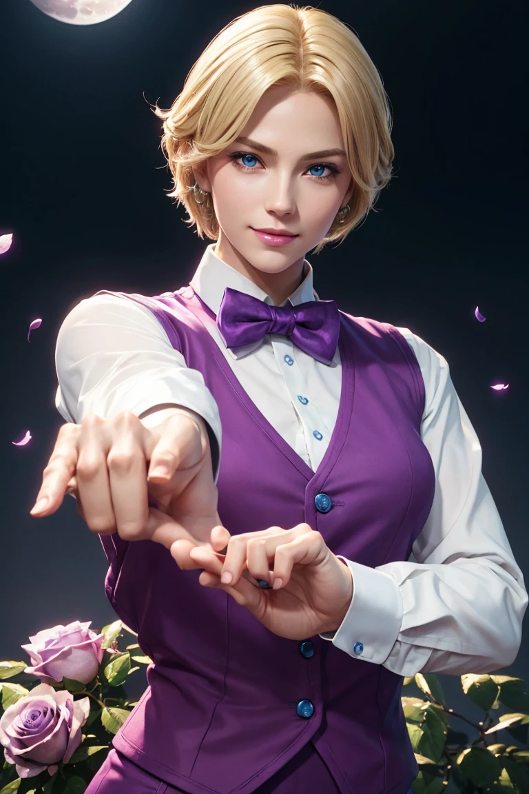 KOF,King of Fighters,King,Blue Eyes,Blonde Hair,Medium Hair,White long shirt,Purple vest,A bow tie,Beautiful white skin,Photorealistic,Ultra HD,high quality,masterpiece,Digital SLR,Detailed details,Intricate details,Anatomical basis,Depicted in detail,A detailed face,Realistic skin texture,Vivid details,Perfect Anatomy,Perfect Anatomy,Anatomically correct hand,Anatomically correct fingers,Super Detail,Complex 3D rendering,Sexy pose,Fantasy worldview,Beautiful Full Moon,,Beautiful night sky,Purple rose petals fluttering,Picturesque,Pink Lips,smile,